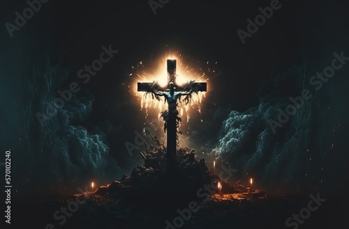 cross on fire. flaming cross in a dark landscape. embers and smoke.