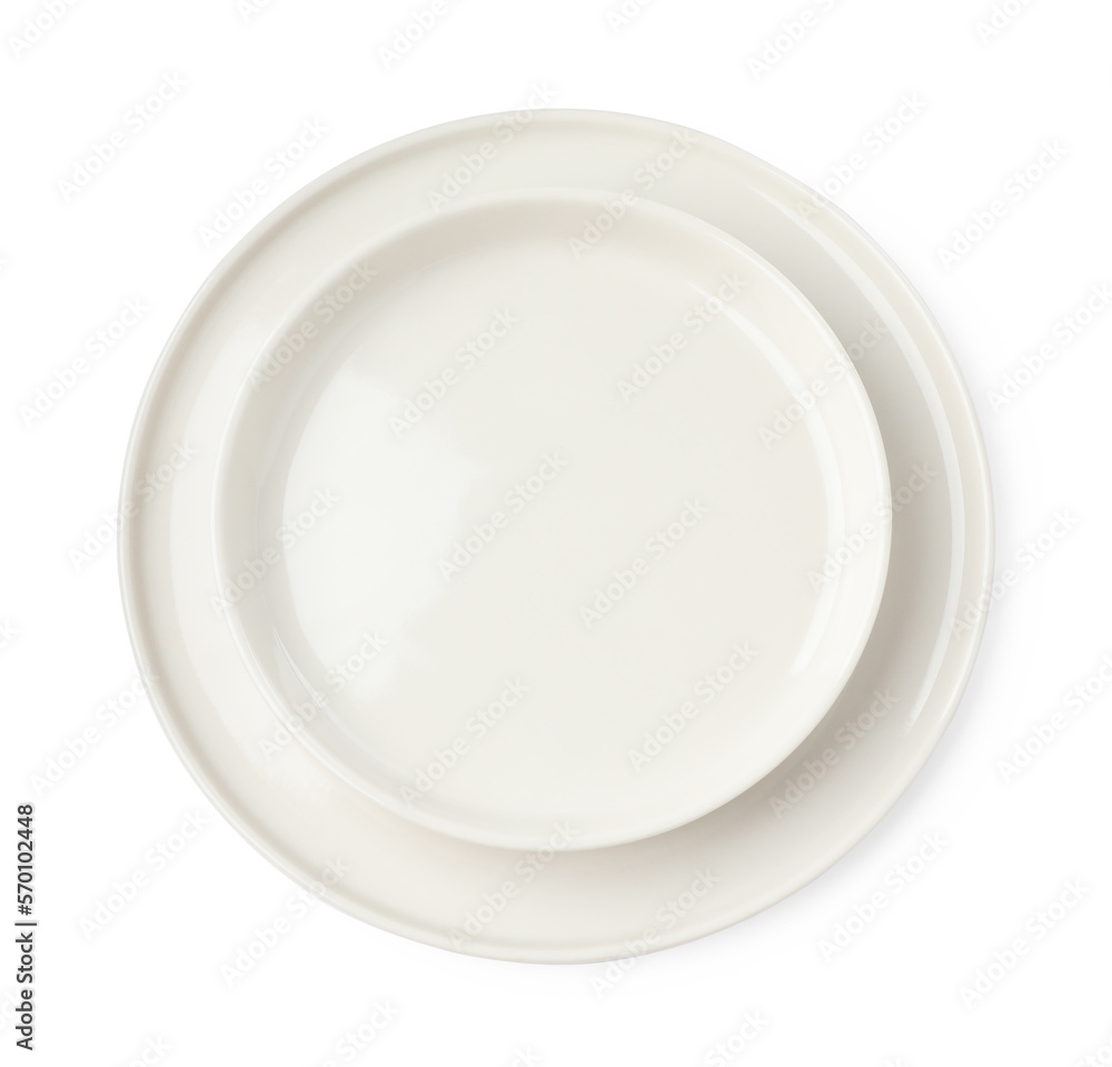Beautiful empty ceramic plates on white background, top view Beautiful empty ceramic plates on white background, top view