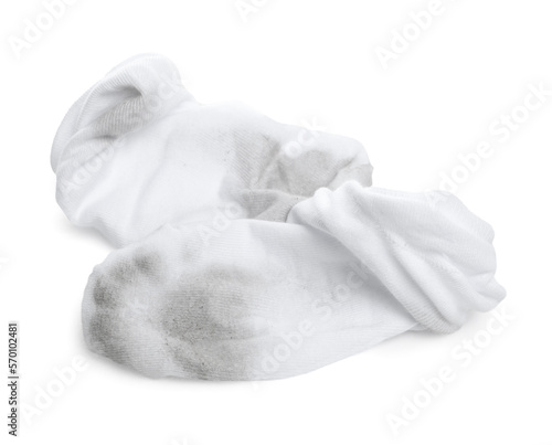 Pair of dirty socks on white background