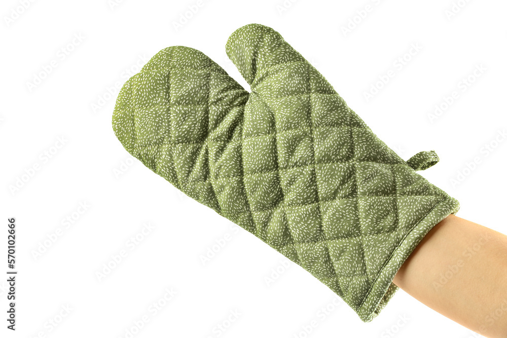 Fototapeta premium Chef in oven glove on white background, closeup