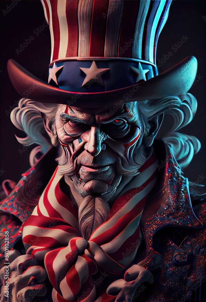 Evil Uncle Sam - Sinister elderly white political mascot wearing stars and stripes in a dark room. Isolated in studio setting. Illustration made with generative AI
