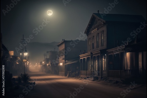 small western town at night. dirt road. misty and foggy. Horror town. Abandoned city. Wood houses, saloon. photo