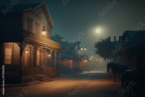 full moon shining on a small spooky western town. Wood houses, saloon. photo