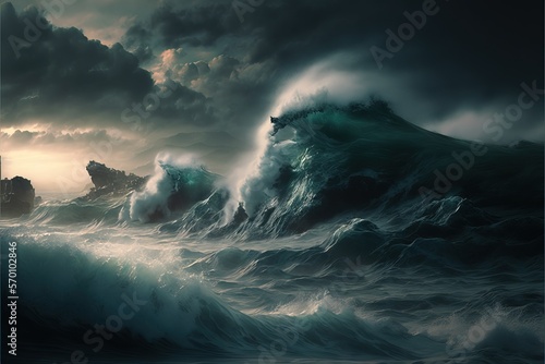 stormy cinematic ocean shore with giant tidal waves crashing. 