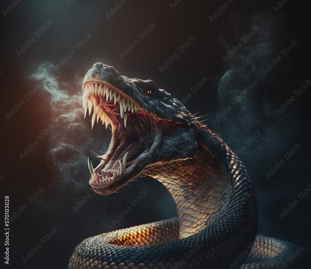 Naklejka premium evil snake. sharp fangs. smoke. isolated dark background.