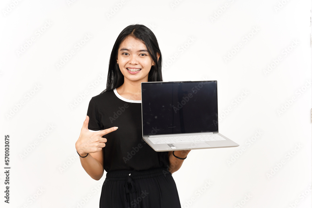 Showing and Presentation laptop blank screen Of Beautiful Asian Woman Isolated On White Background Showing and Presentation laptop blank screen Of Beautiful Asian Woman Isolated On White Background
