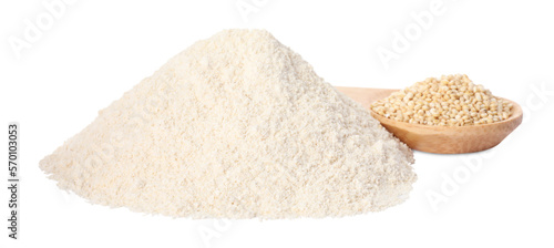 Pile of quinoa flour and spoon with seeds on white background
