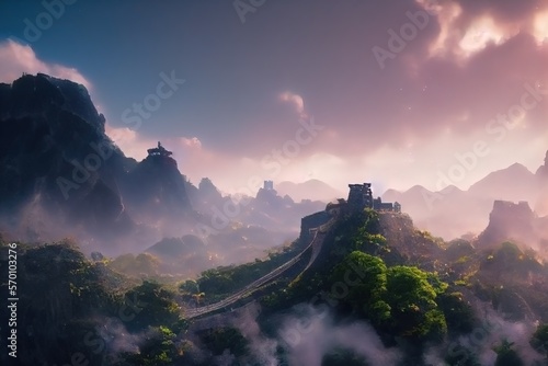 concept art of the great wall of china. fantasy landscape. lush jungle. forest mountains. photo