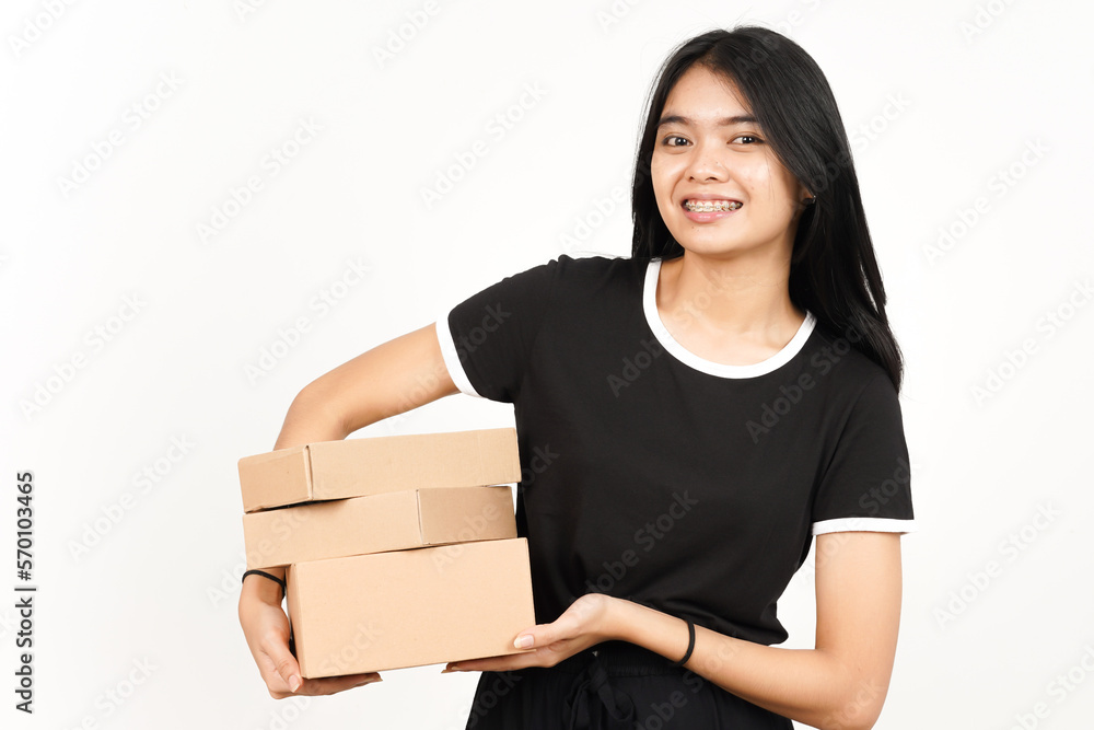 Holding Package Box or Cardboard Box Of Beautiful Asian Woman Isolated On White Background Holding Package Box or Cardboard Box Of Beautiful Asian Woman Isolated On White Background