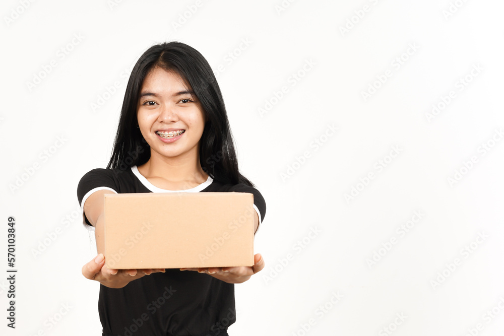 Holding Package Box or Cardboard Box Of Beautiful Asian Woman Isolated On White Background Holding Package Box or Cardboard Box Of Beautiful Asian Woman Isolated On White Background
