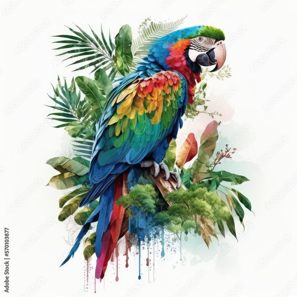 Obraz premium Watercolor Illustration of a Macaw, Blue, Green, Red, Orange, Generative AI