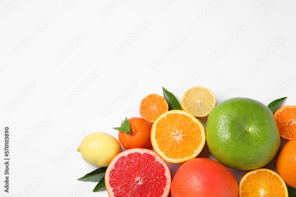 Different citrus fruits with fresh leaves on white background, top view. Space for text Different citrus fruits with fresh leaves on white background, top view. Space for text
