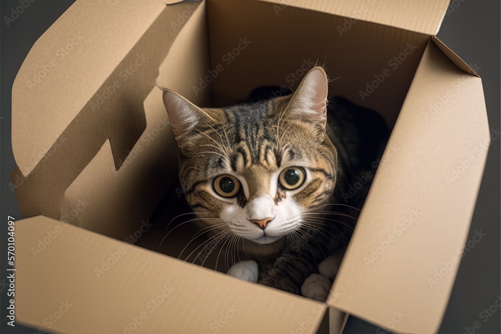 Cute tabby cat in cardboard box on floor at home by ai generative Cute tabby cat in cardboard box on floor at home by ai generative