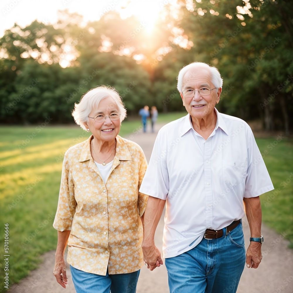 Smiling senior couple holding hands on a walk made with Generative AI Smiling senior couple holding hands on a walk made with Generative AI