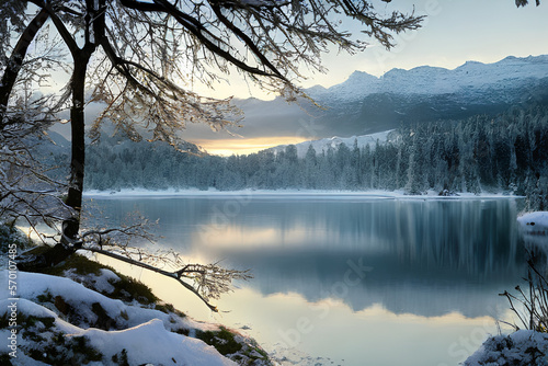 beautiful frozen lake with bushes and conifers, Generative Ai