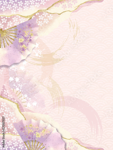 桜　和柄　青海波　扇子　水彩　筆書き　金箔　背景　ベクター