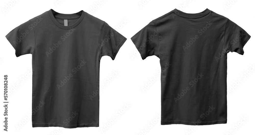 Child kids blank black shirt template mock up, front and back t-shirt flat lay design cut out transparent - obrazy, fototapety, plakaty 