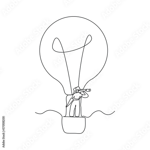 Continuous single one line drawing art of woman flying with light bulb balloon using monocular telescope searching for future and opportunity. Vector illustration of business vision.