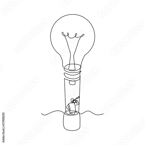 Continuous single one line drawing art of man flying with light bulb balloon using monocular telescope searching for future and opportunity. Vector illustration of business vision.