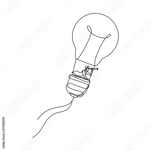 Continuous single one line drawing art of man flying with light bulb balloon using monocular telescope searching for future and opportunity. Vector illustration of business vision.