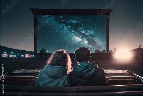 Couple in a car watching a movie on an outdoor cinema big screen, for drive-in cinema cinema concept.