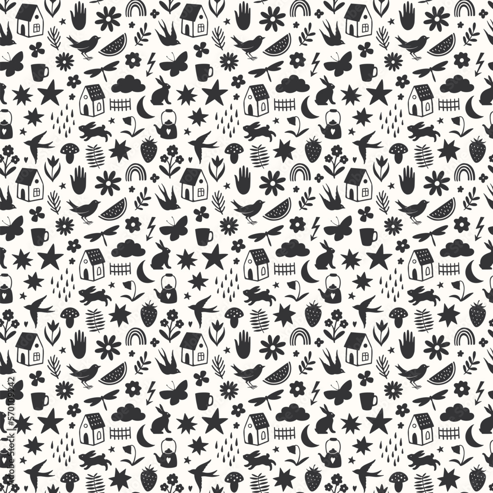 Doodle cute hand drawn seamless pattern, perfect for textile or paper design. Vector illustration
