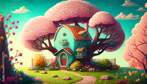 Foto Cute Imagination a garden with a house and a big tree