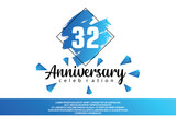 32 year anniversary celebration vector design with blue painting on white background  Template abstract 