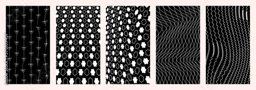 Retro futuristic set of backgrounds. Y2K aesthetics. Kaybug. Twisted pattern, surreal shapes, altered patterns, displaced shapes. Vector.