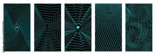 Rave psychedelic retro futuristic set of backgrounds. Y2K aesthetics. Kaybug.Twisted pattern, surreal shapes, altered perspective grids. Vector.