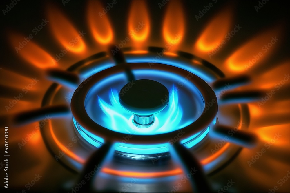 Energy concept. Closeup of orange and blue flame gas nozzles on a stove