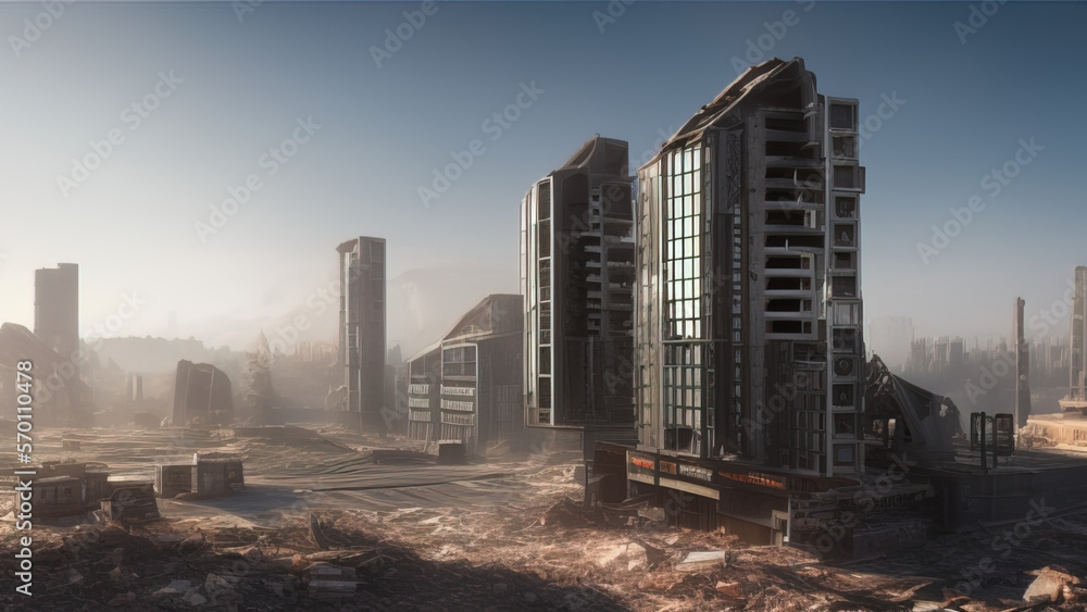 modern city destroyed by the war, postmodern world, Generative AI