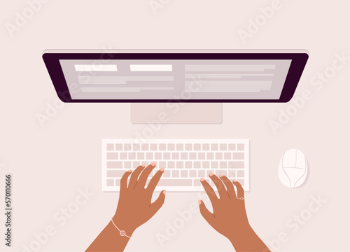 Top View Of Black Female’s Hand Typing On Computer Keyboard In Front Of Desktop Monitor. Close-Up. Flat Design Style, Character, Cartoon.