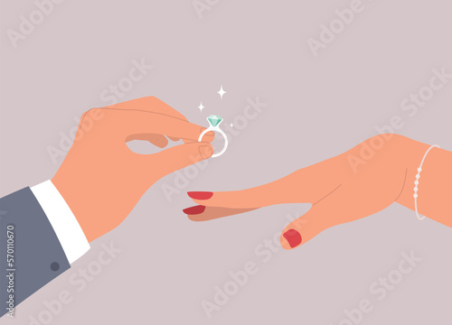 Female’s Hand Accepting Marriage Proposal With Male’s Hand In Businesswear Holding A Big Shiny Diamond Ring. Close-Up. Flat Design Style, Character, Cartoon.