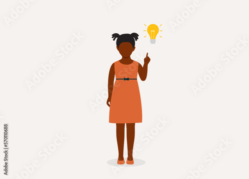 One Little Black Girl Thinking With One Finger Pointing Up A Yellow Light Bulb. Full Length. Flat Design Style, Character, Cartoon.