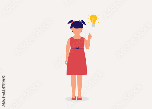 One Little Girl Thinking With One Finger Pointing Up A Yellow Light Bulb. Full Length. Flat Design Style, Character, Cartoon.
