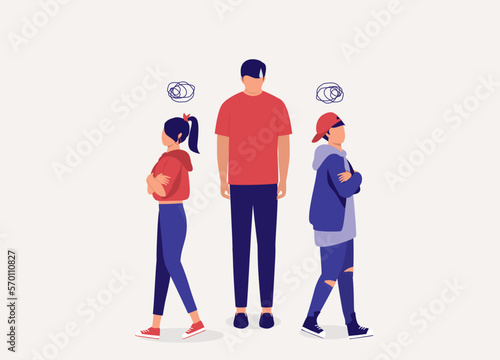 Helpless Father Unsure How To Handle Fights Among His Children. Angry Sibling With Arms Crossed Walking Away. Full Length. Flat Design Style, Character, Cartoon.