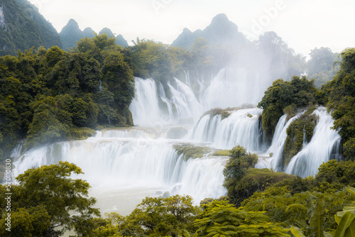Aerial view waterfall. Ban Gioc waterfall or Detian waterfall is a collective name for two waterfalls in border Cao Bang, Vietnam and Daxin County, China. Amazing landscape nature in Vietnam and China