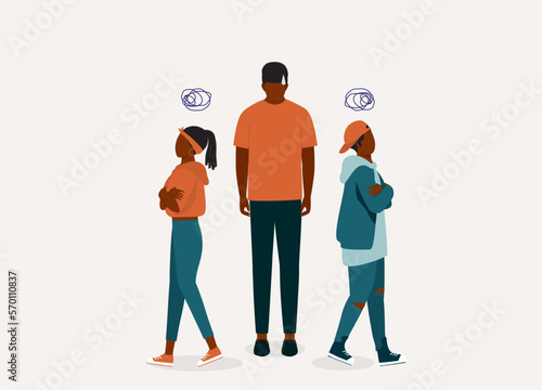 Helpless Black Father Unsure How To Handle Fights Among His Children. Angry Sibling With Arms Crossed Walking Away. Full Length. Flat Design Style, Character, Cartoon.