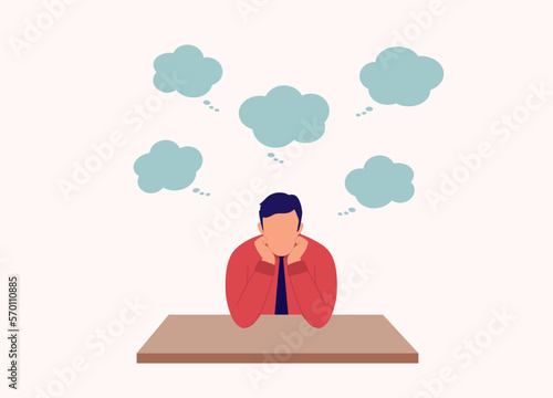 One Businessman Thinking With Both Hands On His Chin. Group Of Empty Thought Bubbles Appear On Top His Head. Half Length. Flat Design Style, Character, Cartoon.