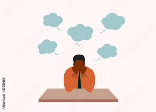 One Black Businessman Thinking With Both Hands On His Chin. Group Of Empty Thought Bubbles Appear On Top His Head. Half Length. Flat Design Style, Character, Cartoon.