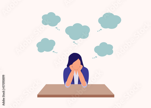 One Businesswoman Thinking With Both Hands On Her Chin. Group Of Empty Thought Bubbles Appear On Top Her Head. Half Length. Flat Design Style, Character, Cartoon.