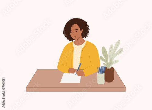 One Smiling Black Woman With Pen Writing On Paper. Half Length. Flat Design Style, Character, Cartoon.
