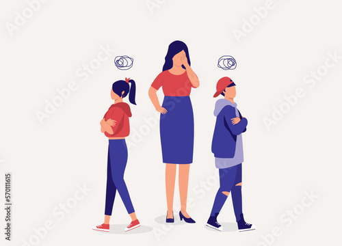 Headache Mother Unsure How To Settle Fights Among Her Children. Angry Sibling With Arms Crossed Walking Away. Full Length. Flat Design Style, Character, Cartoon.