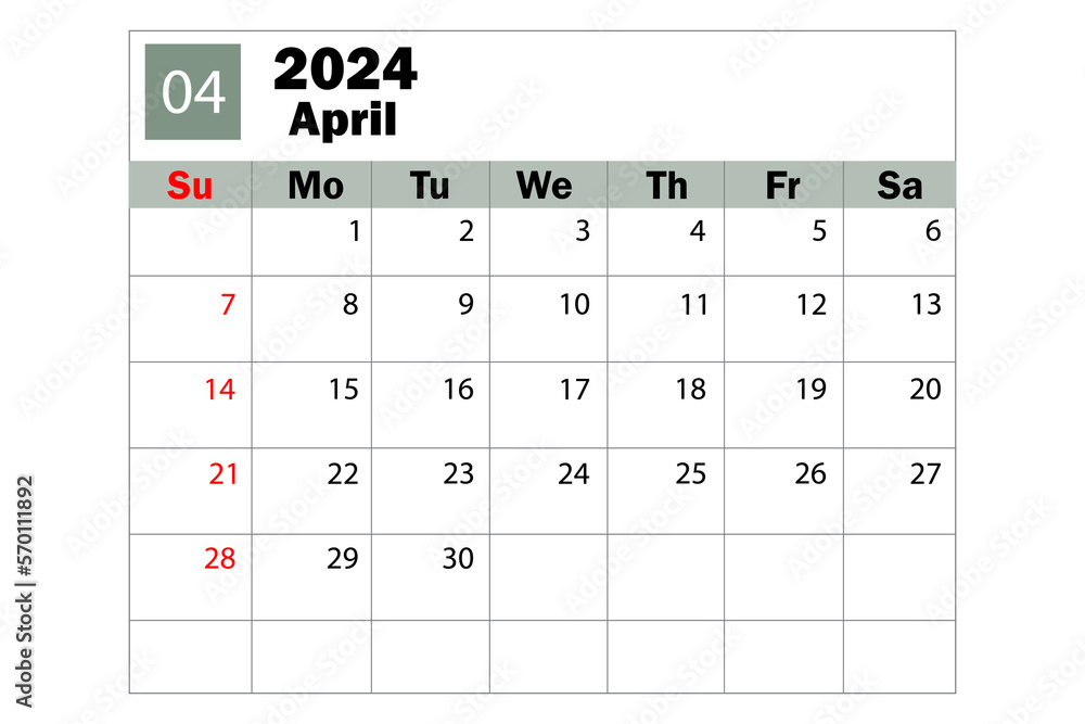 April 2024 calendar. Diary calendar. Daily planner. Vector illustration. April 2024 calendar. Diary calendar. Daily planner. Vector illustration.