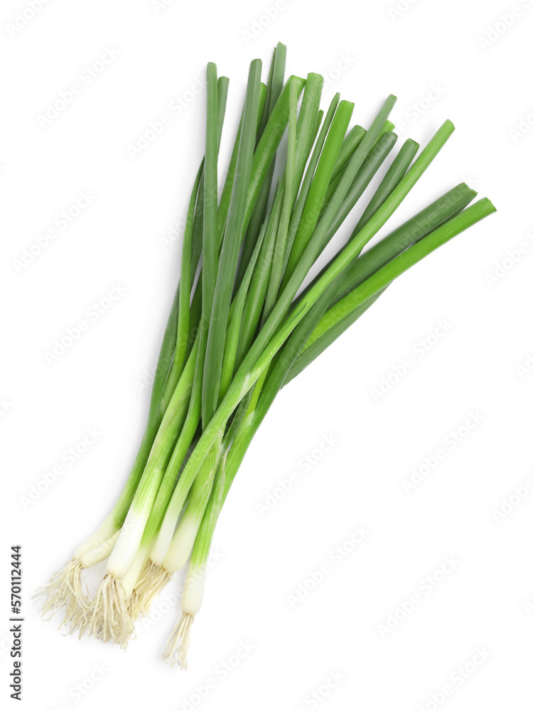 Fresh green spring onions on white background, top view Fresh green spring onions on white background, top view