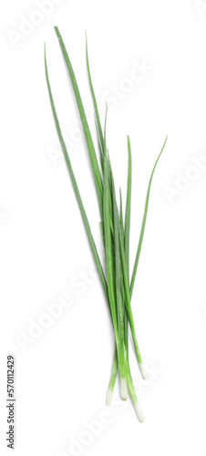 Fresh green spring onions on white background, top view