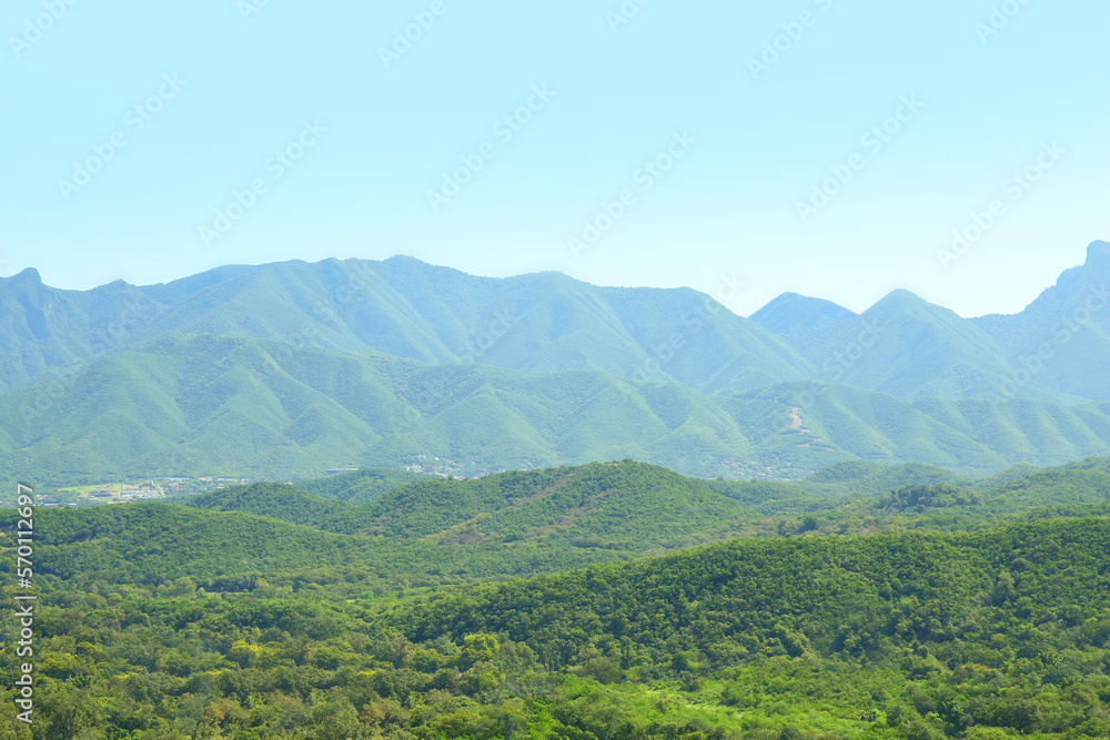 Picturesque view of beautiful mountains and blue sky
