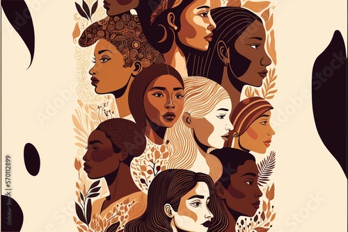 Female diverse faces of different ethnicity poster. Generative Ai