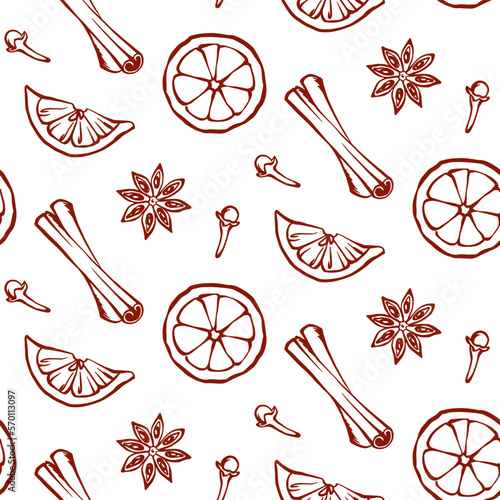 Kitchen seamless pattern with mulled wine spices cinnamon, carnation, anise and orange slices